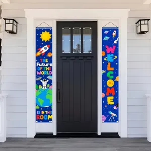 Space theme welcome door banners featuring astronaut and rocket cartoon designs