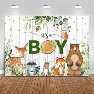 Φόντο Φωτογραφίας Baby Shower με Ζώα του Δάσους Θέμα It's A Boy Διακόσμηση Πάρτι Πολυεστερικό Πανί Φόντου Φωτογραφίας