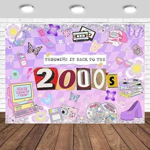 Y2K Retro 2000s Theme Photography Background Cloth Purple Pink Checkered Printed Polyester Millennium Party Decoration Banner Tapestry