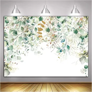 Sfondo Fotografico a Tema Foglie di Eucalyptus Fresche Sfondo con Stampa Botanica ad Acquerello per Decorazione Festa di Compleanno Studio