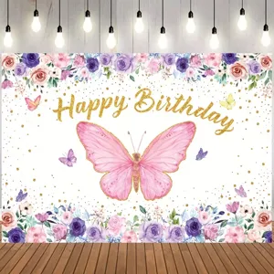 Fond de photographie de joyeux anniversaire thème papillon et fleurs décor