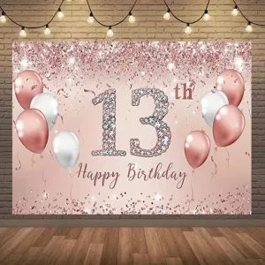 Sfondo compleanno oro rosa 13 anni con testo Happy Birthday scintillante decor.