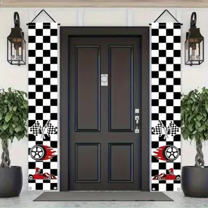 Race-thema veranda banners met geblokt patroon en racewagen elementen voor deurdecoratie