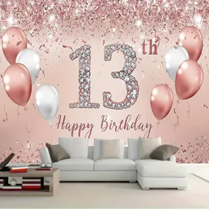 Sfondo fotografico 13° compleanno oro rosa con palloncini e glitter per decorazione