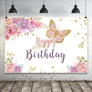 Fond de photographie d'anniversaire fleurs et papillons avec texte Happy Birthday