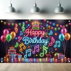 Φόντο φωτογραφίας Happy Birthday με θέμα neon μουσική για διακοσμήσεις πάρτι