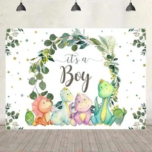 Φόντο φωτογραφίας baby shower με δεινόσαυρους και στεφάνι λουλουδιών It's a Boy διακόσμηση