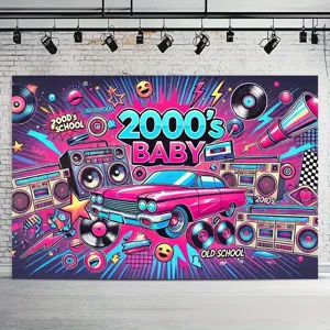 Vibrant Y2K themed photography backdrop with retro 2000s car and boombox design