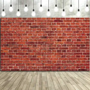 Fond de photographie mur de briques rouges rétro avec ampoules chaudes et parquet