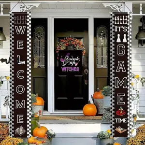 Vintage Chessboard Welcome It's Game Time Porch Banner Set Of 2 Polyester Chess Theme Outdoor Hanging Decoration