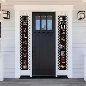 Retro chessboard style porch banners with Welcome and Game Time text for home decor