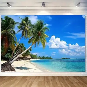 Tropische strand fotografie achtergrond met palmbomen en blauwe oceaan decoraties