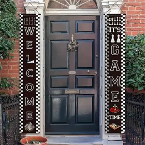 Vintage chessboard porch banners with Welcome and Game Time theme for home decor