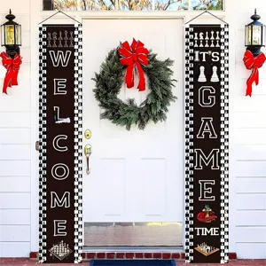Vintage chess themed porch banners with Welcome and Game Time text