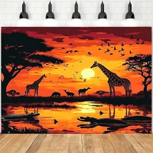 African Safari Animal Photography Backdrop Sunset Savanna Theme Background For Birthday Party Decoration Natural Pongee Banner