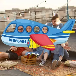 Blaues Cartoon-Flugzeug Party-Hintergrundbanner für Kindergeburtstage und Fotobox-Spaß