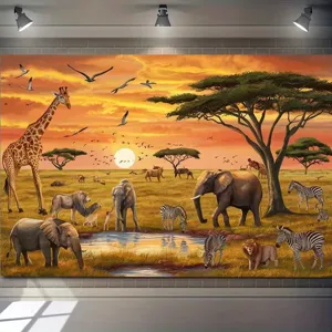 Vibrant African Savanna Animal Safari Sunset Photography Backdrop for Party Decor