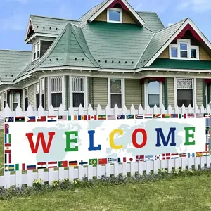 Multicultural flags Welcome banner with world map for outdoor home garden decoration