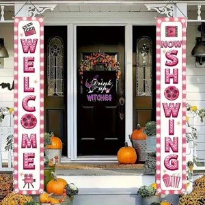 Decorative movie theme porch banners with 'Welcome' and 'Now Showing' film element designs