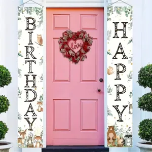 Waldtier Thema Happy Birthday Türbanner Set Aquarell Cartoon Bär Fuchs Hirsch Waschbär Eule Druck Polyester Veranda Couplet Dekorationen Für Kinder Geburtstag Party