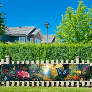 Levendige lentetuin decoratieve banner met vlinder en bloemenprints voor buitenomheining