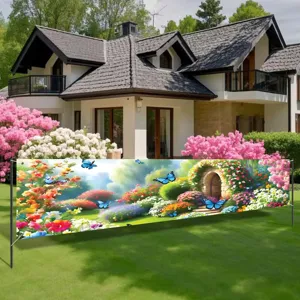 Dreamy garden themed banner with floral arch and blue butterflies for spring party decoration