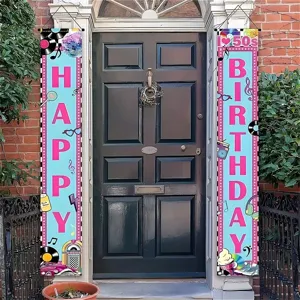 Bannières d'anniversaire rétro des années 50 en rose et bleu pour décoration de porte