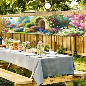 Dreamy garden banner with flowers and blue butterflies for spring outdoor party decor