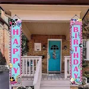 Bannières de porche Happy Birthday thème rétro années 50 rose et bleu festif vintage