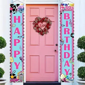Bannières Happy Birthday rose et bleu thème vintage années 50 pour décoration de porte