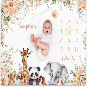 Baby Milestone Blanket Floral Animal Monthly Growth Record Newborn Photography Prop Polyester Peach Skin Soft Swaddle Wrap