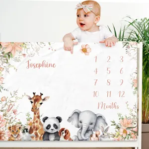 Soft baby milestone blanket with floral animal theme for tracking monthly growth