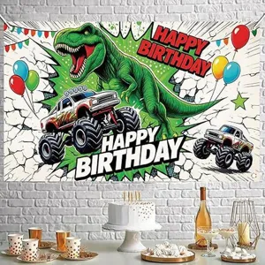 Vibrant dinosaur and monster truck birthday backdrop for boys' party decorations.