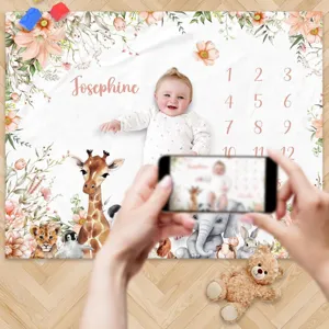 Floral animal baby milestone blanket with custom name for monthly growth photos