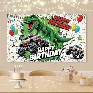 Dinosaur and monster truck birthday backdrop for boys' party decorations