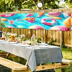 Vibrant pool party banner featuring colorful swim rings and drinks for summer garden decor