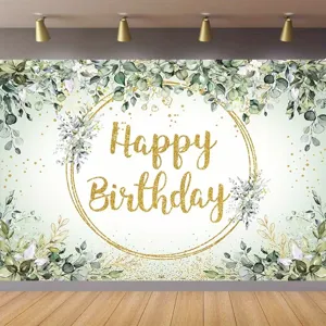 Eucalyptus Leaves Happy Birthday Photography Backdrop Gold Frame Floral Party Decoration Polyester Wall Hanging Banner For Studio Office School Supplies