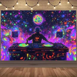 Sfondo DJ neon retrò per feste in discoteca con nuvole spaziali psichedeliche vivaci