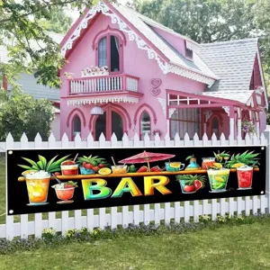 Striscione colorato tema bar Hawaii con drink tropicali per decorazione festa estiva