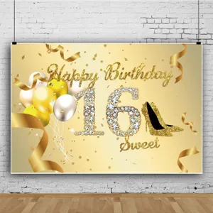 Toile de Fond Joyeux 16ème Anniversaire Sweet 16 Or Brillant Paillettes Ballons Talons Hauts Fond de Photographie pour Décoration de Fête d'Anniversaire 16 Ans Bannière en Poliester