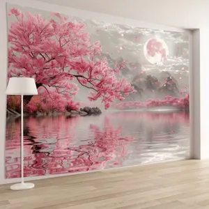 Sfondo fotografico paesaggio fiori di ciliegio rosa e luna per decorazione pareti.