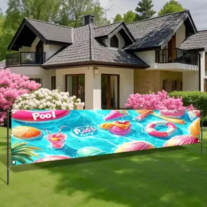 Summer pool party decorative banner featuring vibrant swim rings and dessert elements