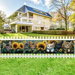 Garden fence banner featuring sunflower and kitten theme for outdoor backyard yard decoration
