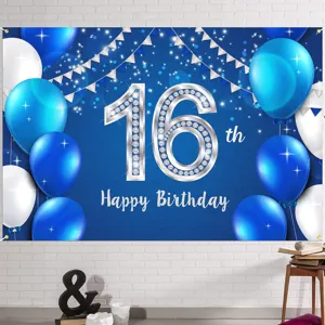 Toile de fond bleue pour 16e anniversaire avec ballons et lettrage pailleté argenté