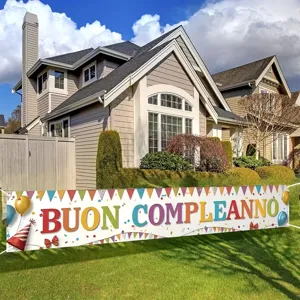 Large colorful Buon Compleanno Italian birthday banner for outdoor party decoration