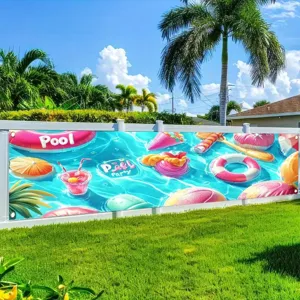Vibrant summer pool party theme decorative banner for outdoor garden fence decoration