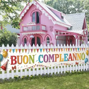 Large colorful Buon Compleanno birthday banner perfect for outdoor garden fence decoration