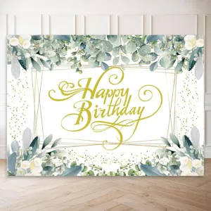 Elegant eucalyptus leaf Happy Birthday photography backdrop for party wall decoration