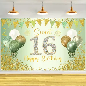 Toile de fond pour anniversaire Sweet 16 avec ballons à paillettes verts et dorés