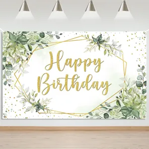 Green eucalyptus leaves birthday party backdrop with gold glitter Happy Birthday text